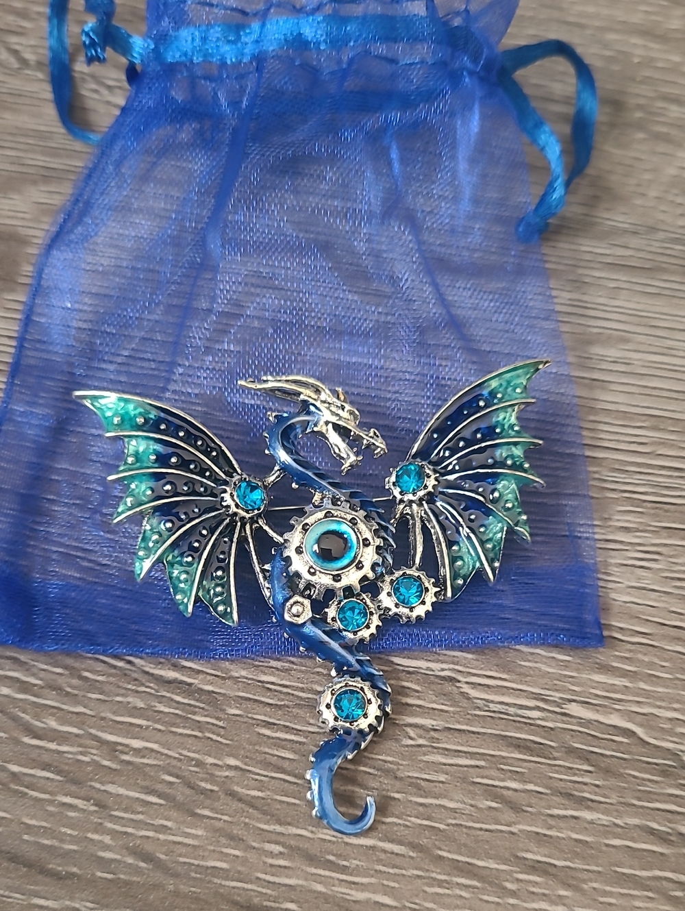 Blue Dragon Wing Brooch Pin - Turquoise Accent